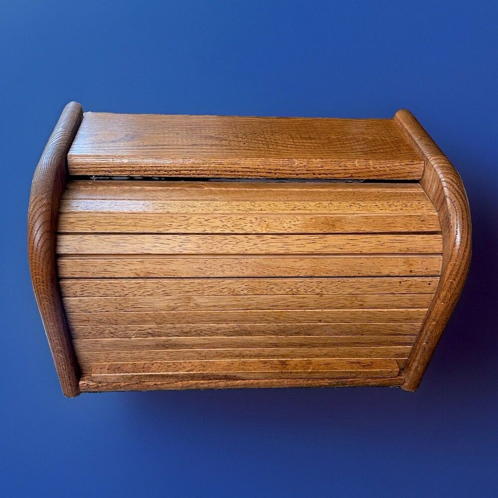 Vintage Solid Oak Roll Top Bread Box 17”w X 9”h X 12” Deep